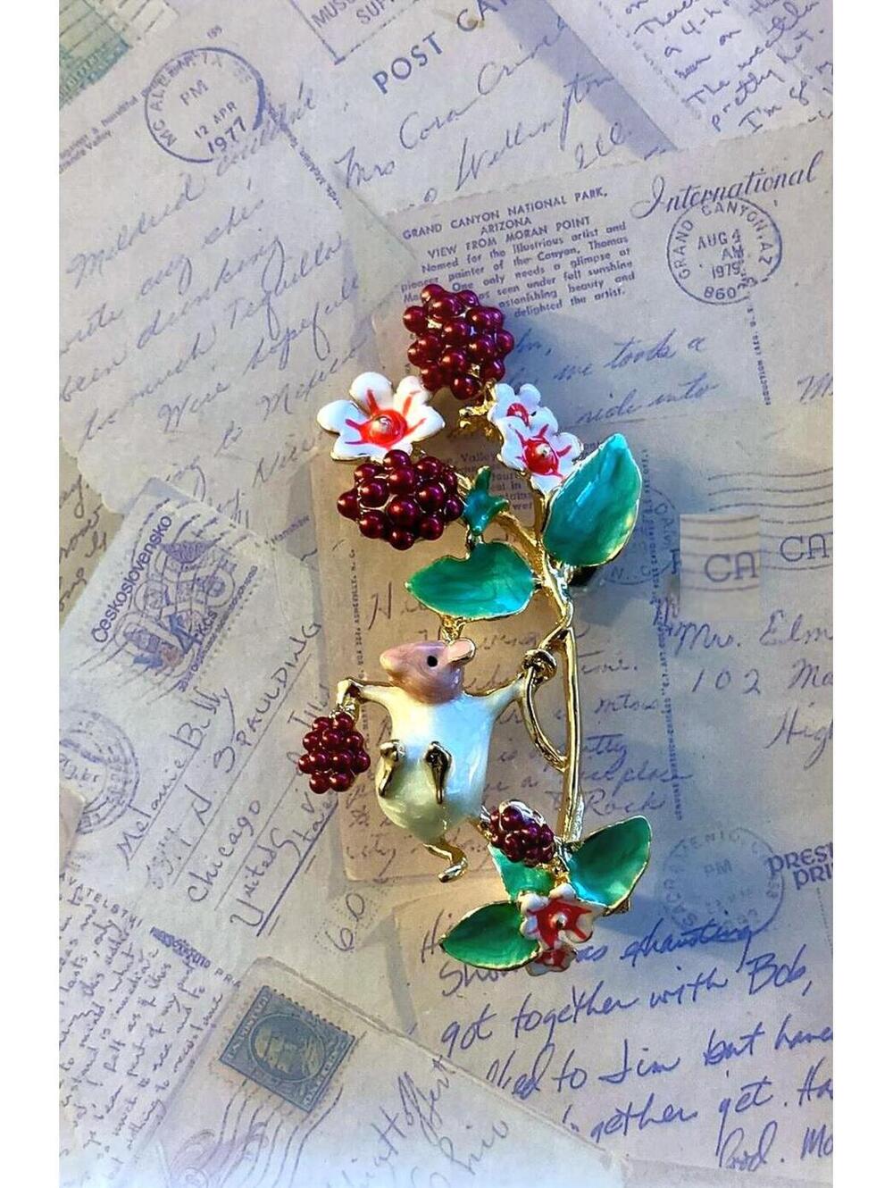 Whimsical Enamel Mouse Red Berry Vine Floral Brooch Cottagecore Woodland Pin
